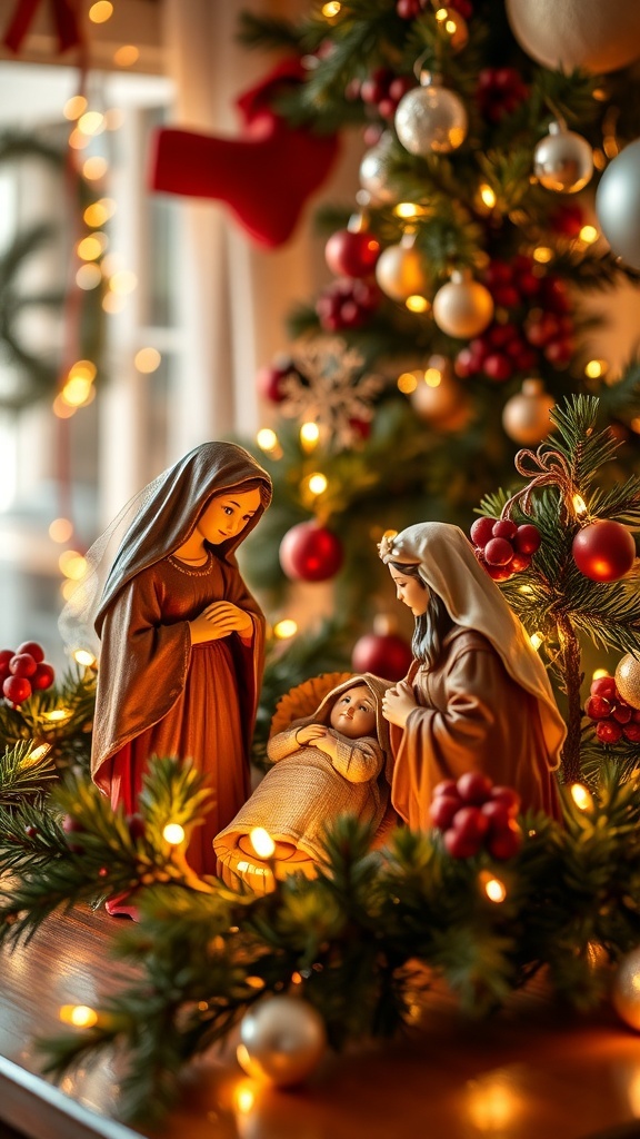 A nativity scene with Mary, Joseph, and baby Jesus, surrounded by Christmas lights and decorations.